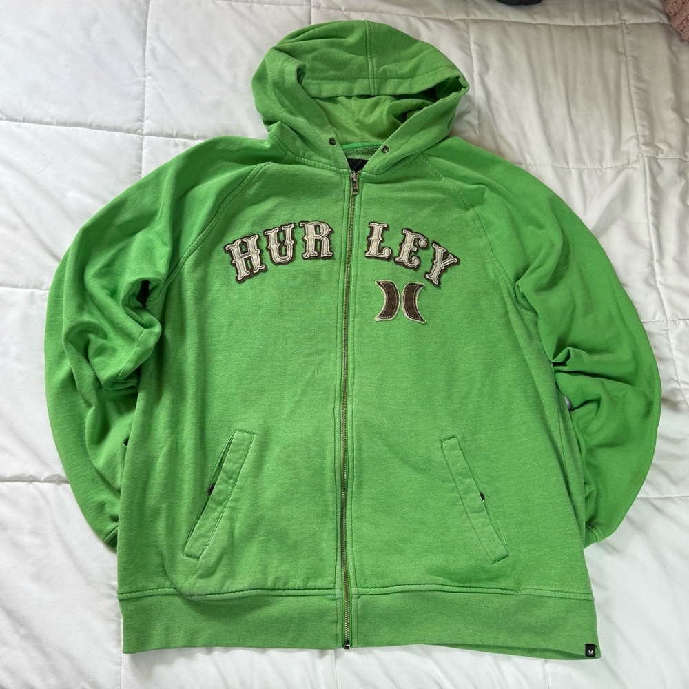 Hurley Men’s XL‎ Vibrant Green Hoodie with Brown Accents Y2K Skater